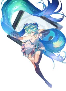 1girl absurdly_long_hair absurdres agyou_sonokou_l aqua_eyes aqua_hair aqua_nails aqua_necktie bare_shoulders black_skirt black_sleeves black_thighhighs blue_eyes blue_necktie boots collared_shirt detached_sleeves floating_hair full_body grey_shirt hair_between_eyes hair_ornament hand_on_own_chest hatsune_miku highres jewelry long_hair necklace necktie picture_frame pleated_skirt see-through_clothes see-through_sleeves shirt simple_background skirt sleeveless sleeveless_shirt solo thigh_boots thighhighs through_medium twintails very_long_hair vocaloid white_background white_shirt wide_sleeves zettai_ryouiki