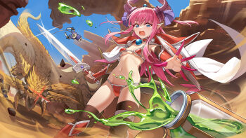 1girl absurdres armor bikini_armor blue_eyes blue_sky breasts cape character_request dragon_horns dragon_tail elizabeth_bathory_(brave)_(fate) elizabeth_bathory_(fate) fate/grand_order fate_(series) highres holding holding_sword holding_weapon horns long_hair monster_hunter_(series) navel open_mouth outdoors pink_hair pointy_ears potion shenqi_xiao_hong_zai_nali shoulder_armor sky small_breasts stomach sword tail thighs weapon