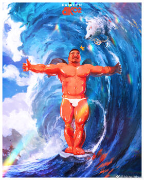 1boy asian bara bk_zerotwo bulge facial_hair goatee happy highres large_pectorals male_focus male_swimwear mini_wings muscular muscular_male mustache navel navel_hair nipples ocean original outstretched_arms pectorals pencil_mustache short_hair smile solo sparse_chest_hair spread_arms standing stomach strongman_waist surfboard surfing swim_briefs tan thick_eyebrows thick_thighs thighs topless_male water waves wings wolf