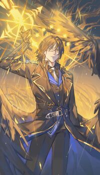 1boy adapted_costume arknights arm_guards belt black_hair black_jacket black_vest black_wings blue_shirt collared_shirt crossover epaulettes feathered_wings glasses glint gold_trim gregor_(project_moon) hand_up highres holding holding_sword holding_weapon jacket jing84672940 lens_flare limbus_company looking_at_viewer male_focus mlynar_(arknights) official_alternate_costume popped_collar project_moon serious shirt short_hair solo sparkle star_(symbol) sword unbrilliant_glory_(e.g.o) vest weapon wings yellow_eyes