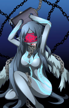 1girl amauchi angel_ghoul_(mon-musu_quest!) black_background black_hair blindfold blue_background blue_nipples blue_skin breasts chain collar colored_nipples colored_skin commentary_request covered_eyes drooling full-body_tattoo gradient_background highres large_breasts long_hair metal_collar mon-musu_quest! monster_girl nipples open_mouth pointy_ears solo tattoo tongue tongue_out wings