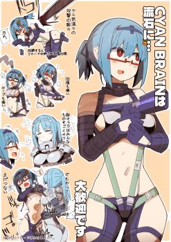2girls alternate_hairstyle armor blue_hair borrowed_character breastplate breasts bruise burger_hair_ornament character_request chest_strap commentary_request cosplay crop_top cropped_shirt crossover cyan_brain dodging drooling elbow_gloves food-themed_hair_ornament glasses gloves gun hair_ornament hamburger-chan_(hundredburger) handgun harness heavy_breathing highres holding holding_gun holding_syringe holding_weapon injury medium_breasts multiple_girls multiple_views navel nns_(sobchan) open_mouth original pants pauldrons ponytail protagonist_(cyan_brain) protagonist_(cyan_brain)_(cosplay) punching purple_gloves purple_pants red_eyes revealing_clothes ryona short_hair short_ponytail shoulder_armor simple_background smile sparkle stab stomach stomach_punch strangling syringe tentacles translation_request v-shaped_eyebrows weapon