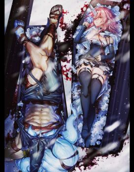 Rule 34 | 1boy, 1girl, abs, armband, arms behind head, belt, belt buckle, black hood, black shirt, black shorts, black sleeves, blood, blue eyes, breasts, brown belt, buckle, cape, cleavage, closed mouth, coffin, commentary request, crossed legs, crystal, crystal horns, detached sleeves, feet, full body, gloves, hair between eyes, hand up, heterochromia, horns, in container, killing me/killing you, legwear garter, long sleeves, lying, medium breasts, medium hair, meteor (killing me/killing you), miniskirt, multiple boys, mutation, narita imomushi, navel, on back, orange eyes, pillarboxed, pink hair, red bandage, sandals, shirt, shorts, single horn, skirt, sleeveless, sleeveless shirt, sleeves past wrists, thighhighs, thighs, white cape, white skirt, yellow gloves, youthanasia (killing me/killing you), zettai ryouiki, zipper, zipper pull tab