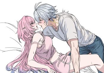 1boy 1girl after_kiss aqua_hair blush breasts camisole couple cyrene_(honkai:_star_rail) cyrene_(ripples_of_past_reverie)_(honkai:_star_rail) denim diamond-shaped_pupils diamond_(shape) dolphin_shorts gold_tattoo gradient_hair hashtag-only_commentary hetero highres honkai:_star_rail honkai_(series) ilsijeongj2213 jeans large_breasts looking_at_another multicolored_hair neck_tattoo open_mouth pants phainon_(honkai:_star_rail) pink_camisole pink_hair pink_shorts pointy_ears purple_eyes saliva saliva_trail shirt short_hair shorts symbol-shaped_pupils tattoo thighs two-tone_hair white_hair white_shirt