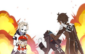 2boys 2girls albedo_(genshin_impact) apologizing black_gloves black_hair black_nails bloomers blue_eyes boots brown_footwear brown_gloves newsboy_cap carrying chinese_clothes clover_print coat elbow_gloves explosion genshin_impact gloves hand_on_another's_head hat hat_feather hat_ornament hu_tao_(genshin_impact) jumpy_dumpty klee_(genshin_impact) knee_boots light_brown_hair long_sleeves looking_at_another low_ponytail low_twintails miyako_draw multiple_boys multiple_girls nail_polish orange_eyes pocket pointy_ears ponytail red_coat red_headwear size_difference trembling twintails underwear vision_(genshin_impact) wide_sleeves zhongli_(genshin_impact)