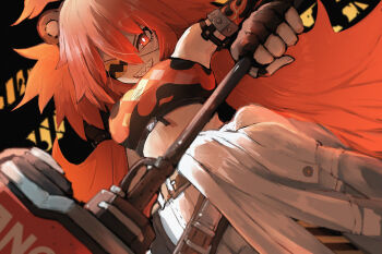 1girl absurdres ahoge animal_ears bare_shoulders bear_ears black_gloves breasts crop_top eyepatch fake_animal_ears fingerless_gloves gloves hair_between_eyes hair_ornament highres holding koleda_belobog long_hair looking_at_viewer midriff navel pants red_eyes red_hair solo sphere_hair_ornament spicyichizo twintails zenless_zone_zero