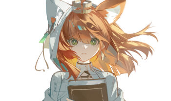 Rule 34 | 1girl, ahoge, animal ear fluff, animal ears, arknights, book, cat ears, cat girl, commentary request, dress, green eyes, hair between eyes, holding, holding book, hood, hood up, kuroge3814, looking at viewer, medium hair, mini tiara, orange hair, papyrus (arknights), parted lips, portrait, simple background, solo, tiara, white background, white dress, white hood