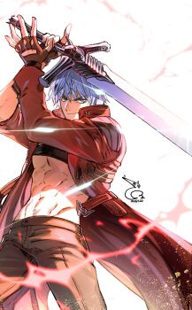 1boy absurdres baehee5502 blue_eyes coat dante_(devil_may_cry) devil_may_cry devil_may_cry_(series) devil_may_cry_3 fingerless_gloves gloves highres holding holding_weapon jacket looking_at_viewer male_focus rebellion_(sword) red_coat short_hair simple_background smile solo sword weapon white_hair
