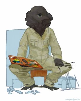 1girl animal_hands bird_girl black_eyes black_feathers canvas_(object) claws colored_sclera commentary_request feathers full_body furry furry_female green_jumpsuit grey_sclera holding holding_paint_palette holding_paintbrush jumpsuit nagabe original paint_palette paintbrush sitting solo white_background