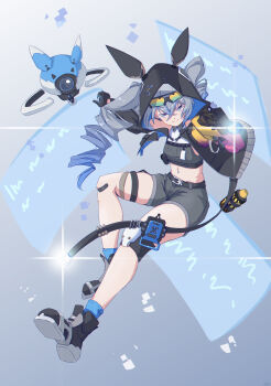 Rule 34 | 1girl, absurdres, animal ears, barcode, barcode tattoo, black gloves, black jacket, black shoes, black shorts, blue socks, bronya zaychik, bronya zaychik (haxxor bunny), closed mouth, clotho matcha, commentary request, drill hair, drone, eyewear on head, fake animal ears, full body, gloves, grey eyes, grey hair, highres, holographic interface, honkai (series), honkai impact 3rd, jacket, knee pads, long sleeves, looking at viewer, rabbit ears, shoe soles, shoes, shorts, single knee pad, smile, socks, solo, tattoo, twin drills