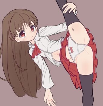 1girl ass black_thighhighs bow bow_panties brown_hair flexible grey_background highres holding_own_leg ib_(ib) ib_(kouri) kneepits leg_lift leg_up legs loli long_hair looking_at_viewer lungo_arc navel panties red_eyes red_skirt shirt simple_background skirt solo split standing standing_on_one_leg standing_split thighhighs thighs underwear white_panties white_shirt