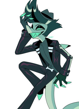 1boy :d absurdres ankle_boots black_boots black_eyeshadow black_gloves black_hair black_jacket black_pants bone bone_print boots chazwick_thurman_(helluva_boss) colored_sclera colored_skin commentary_request cowboy_hat eyeshadow fewer_digits fingerless_gloves fins fish_tail foot_out_of_frame furry furry_male gloves green_sclera grey_hair grey_hat grey_shirt grey_skin grey_tail grin hand_up hat hellaverse helluva_boss high_heel_boots high_heels highres invisible_chair jacket knee_up lapels long_sleeves looking_at_viewer makeup male_focus menma_(enaic31) multicolored_hair notched_lapels open_clothes open_jacket open_mouth pants shark_boy shark_tail sharp_teeth shirt short_hair signature simple_background sitting smile solo streaked_hair tail teeth turtleneck turtleneck_shirt two-tone_hair very_short_hair white_background white_eyes