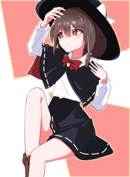 Rule 34 | 1girl, asymmetrical sidelocks, black cape, black hat, black skirt, bone vone, boots, bow, bowtie, brown boots, brown eyes, brown hair, cape, capelet, collared shirt, commentary request, film grain, from side, frown, hand in own hair, hat, hat bow, highres, long sleeves, medium hair, red bow, red bowtie, red cape, ribbon-trimmed capelet, ribbon-trimmed skirt, ribbon trim, shirt, shirt tucked in, sidelocks, sitting, skirt, solo, touhou, two-sided capelet, usami renko, white shirt