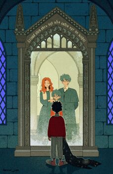 1girl 2boys artist_name black_coat black_dress black_hair brick_wall child closed_eyes coat collared_shirt couple different_reflection dress family father_and_son glasses hand_on_another&#039;s_shoulder harry_potter harry_potter_(series) helen_jee highres holding_cloak husband_and_wife james_potter lily_evans long_hair messy_hair mirror_of_erised mother_and_son multiple_boys pajamas pants parent_and_child parted_bangs red_hair red_sweater reflection round_eyewear scar scar_on_face scar_on_forehead scarf shirt short_hair slippers smile standing striped_clothes striped_pajamas striped_pants sweater wavy_hair white_scarf white_shirt window wizarding_world