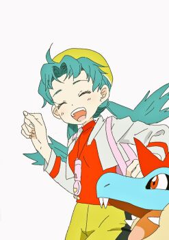1girl :d bike_shorts blue_hair closed_eyes croconaw fangs gen_2_pokemon hat int168 jacket kris_(pokemon) long_hair long_sleeves looking_at_another looking_at_viewer nintendo open_mouth pink_bag pokemon pokemon_(creature) pokemon_gsc red_eyes red_shirt shirt shorts simple_background smile twintails upper_body white_background white_jacket yellow_hat yellow_shorts