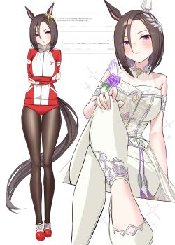 1girl absurdres air_groove_(quercus_civilis)_(umamusume) air_groove_(umamusume) animal_ears arms_under_breasts black_tail blue_eyes blush bow breasts brown_hair buruma closed_mouth commentary_request crossed_legs dress dress_flower ear_bow ear_covers ear_ornament flower highres horse_ears horse_girl horse_tail jacket large_breasts looking_at_viewer menchi_rishio multiple_views official_alternate_costume open_mouth pantyhose_under_buruma purple_flower purple_rose red_buruma red_jacket red_shoes rose shoes short_hair simple_background single_ear_cover sitting standing tail tracen_training_uniform umamusume wedding_dress white_background white_dress white_jacket white_shoes yellow_bow