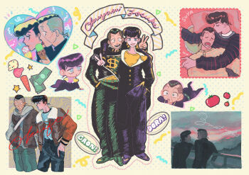 2boys :d absurdres anchor_symbol arm_on_another's_shoulder banknote black_jacket black_pants black_shirt blush bomber_jacket character_name chibi chibi_inset cleavage_cutout closed_eyes clothing_cutout cuddling diamond_wa_kudakenai dollar_sign dotted_background drawn_star drooling drop_shadow food gakuran green_eyes green_jacket green_pants grey_hoodie heart_ornament higashikata_josuke highres hood hoodie ice_cream ice_cream_cone jacket jojo_no_kimyou_na_bouken licking licking_food low_ponytail male_focus money multicolored_hair multiple_boys multiple_views nijimura_okuyasu open_mouth pants photo_(object) pillow ponytail school_uniform shirt short_ponytail sleeping smile star_(symbol) sticker striped_clothes striped_shirt t_0nd tomato two-tone_hair v white_shirt yaoi yellow_shirt yen_sign