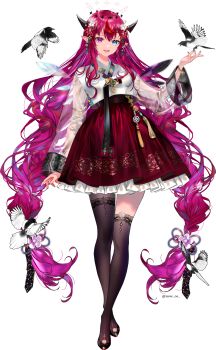 1girl :d asymmetrical_legwear bilingual_commentary bird black_shoes black_thighhighs blue_eyes commentary crystal_wings detached_wings double-parted_bangs english_commentary flower frilled_skirt frills full_body hair_between_eyes hair_flower hair_ornament halo hanbok hand_up heterochromia highres hololive hololive_english irys_(hololive) jeogori_(clothes) korean_clothes korean_commentary layered_skirt long_hair looking_at_viewer low_twintails mixed-language_commentary open_mouth pink_eyes pointy_ears purple_hair purple_skirt see-through_clothes see-through_sleeves shoes sidelocks simple_background skirt smile solo sowon thighhighs transparent_background twintails uneven_legwear very_long_hair virtual_youtuber wings