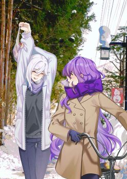 2girls alternate_universe arm_up bag black_gloves black_pants cecilia_schariac closed_eyes coat commentary english_commentary english_text gloves hair_between_eyes highres holding holding_bag honkai_(series) honkai_impact_3rd long_sleeves looking_at_another multiple_girls open_clothes open_coat open_mouth outdoors pants purple_hair purple_scarf scarf sirin smile stretching tana_(tanabio) walking white_coat white_hair