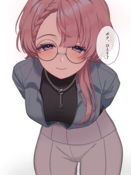 1girl arimura_mao bespectacled black_sweater blue_jacket braid braided_bangs breasts chain chain_necklace colored_speech_bubble commentary_request gakuen_idolmaster glasses grey_pants highres idolmaster jacket jewelry leaning_forward long_hair looking_at_viewer medium_breasts necklace open_clothes open_jacket pants pink_hair round_eyewear simple_background solo speech_bubble sweater tkitt25 translation_request variant_set white_background