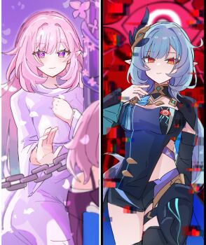 3girls black_shorts blue_corset blue_hair breasts coat commentary_request company_connection corset cyrene_(aedes_elysiae)_(honkai:_star_rail) cyrene_(honkai:_star_rail) cyrene_(ripples_of_past_reverie)_(honkai:_star_rail) dress dual_persona elf elysia_(honkai_impact) elysia_(miss_pink_elf)_(honkai_impact) eye_print glitch herrscher_of_corruption highres honkai:_star_rail honkai_(series) honkai_impact_3rd inoue_marina kuromu_shado large_breasts multiple_girls pink_hair pointy_ears purple_coat purple_eyes red_eyes short_shorts shorts shrug_(clothing) smile voice_actor_connection white_dress yanning
