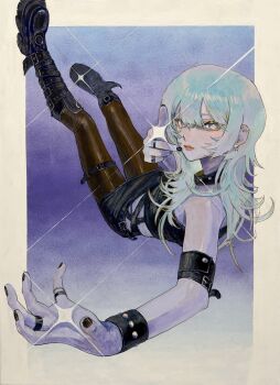 1girl absurdres bare_shoulders belt_boots black_boots black_choker black_nails black_pantyhose black_skirt black_tube_top blue_eyes blue_hair boots border bracelet breasts bright_pupils choker commentary_request earclip earrings eyelashes eyeshadow full_body gradient_background gradient_hair hair_between_eyes highres jewelry knee_boots long_hair looking_at_viewer lui_n24 makeup middle_finger multicolored_hair multiple_rings original outside_border painting_(medium) pantyhose parted_lips pointing pointing_at_viewer purple_background purple_hair red_lips ring skirt small_breasts solo sparkle star_(symbol) star_earrings strapless studded_bracelet studded_choker thigh_strap traditional_media tube_top white_border white_pupils