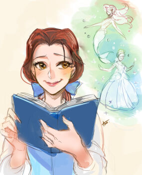 Rule 34 | 3girls, ano (sbee), ariel (disney), beauty and the beast (disney), belle (disney), blonde hair, blue bow, book, bow, brown eyes, brown hair, cinderella (disney character), cinderella (disney movie), commentary request, dress, hair bow, holding, holding book, lips, long hair, looking at viewer, multiple girls, open book, ponytail, short hair, sketch, smile, solo focus, the little mermaid (disney)