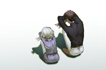 Rule 34 | 2boys, arms up, bags under eyes, black hair, cat shadow puppet (meme), curly hair, dark-skinned male, dark skin, dungeon meshi, elf, from behind, grey hair, highres, kabru, leave me nxt, male focus, meme, mithrun, multiple boys, notched ear, pants, pointy ears, shadow, shadow puppet, shirt, shoes, short hair, simple background, squatting, tunic, turtleneck, white background