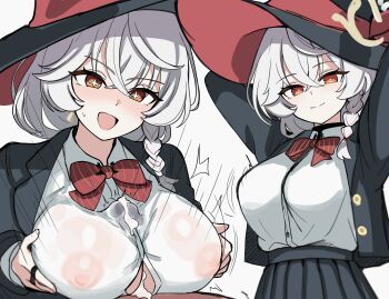 +_+ 1boy 1girl :d absurdres blue_archive bow bowtie braid breasts button_gap cum cum_on_body cum_on_breasts cum_on_upper_body eri_(blue_archive) halo hat highres large_breasts mini2chainz multiple_views nipples open_mouth orange_eyes paizuri paizuri_under_clothes pleated_skirt red_bow red_bowtie see-through_clothes see-through_shirt shirt shirt_tucked_in side_braid skirt smile striped_bow striped_bowtie striped_clothes white_hair witch_hat