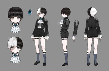 1boy 2022 absurdres arms_at_sides ascot back black_hair black_jacket black_shirt black_shoes black_shorts blue_eyes blue_socks blunt_bangs chest_jewel child collarbone commentary concept_art dress_shoes english_commentary expressionless frilled_sleeves frills from_behind full_body grey_background highres jacket jewelry kkaebing kuro&#039;s_brothers_(under_the_witch) long_sleeves looking_at_viewer male_focus multicolored_hair multiple_views no_nose numericgazer official_art pale_skin shirt shoes short_hair shorts simple_background socks standing straight-on straight_hair striped_clothes striped_shirt thighlet turnaround two-tone_hair under_the_witch white_ascot white_hair white_shirt