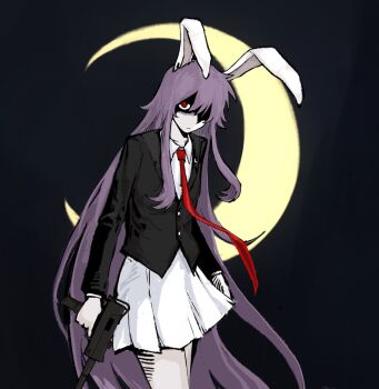 1girl animal_ears black_background black_jacket chinese_commentary closed_mouth collared_shirt commentary_request cowboy_shot crescent crescent_moon crescent_pin empty_eyes gun hair_between_eyes handgun highres holding holding_gun holding_weapon jacket lapels lei_niao3375 long_hair long_sleeves looking_at_viewer mac-10/11 moon necktie pale_skin pleated_skirt purple_hair rabbit_ears rabbit_girl red_eyes red_necktie red_pupils reisen_udongein_inaba shirt sidelocks skirt solo standing submachine_gun touhou very_long_hair weapon white_shirt white_skirt