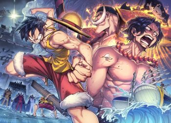 6+boys absurdres angry aokiji_(one_piece) arms_behind_back bandana bead_necklace beads black_hair bound bound_arms burning clenched_hands clenched_teeth coat coat_on_shoulders edward_newgate epaulettes facial_hair facial_scar fighting_stance fire flag formal_clothes fortress full_body fur-trimmed_shorts fur_trim gofa hand_on_ground hat highres holding_log jewelry jolly_roger kizaru_(one_piece) knee_up long_mustache male_focus marine_uniform_(one_piece) marineford mast moby_dick_(one_piece) monkey_d._luffy multiple_boys muscular muscular_male mustache necklace old old_man one_piece open_mouth outdoors paper pirate_ship portgas_d._ace profile red_shorts red_suit sakazuki_(one_piece) scar scar_on_cheek scar_on_face scene_reference ship short_hair shorts skull_and_crossbones steam straw_hat suit superhero_landing teeth tidal_wave topless_male v-shaped_eyebrows vertical-striped_suit vest water watercraft whale white_coat white_suit whitebeard_pirates_jolly_roger yellow_suit yellow_vest