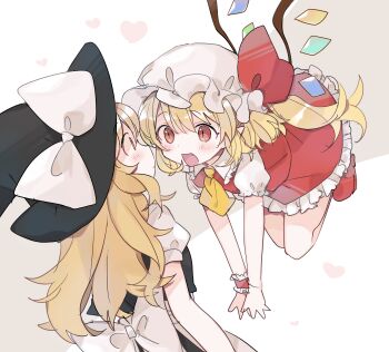 2girls ascot back_bow black_hat black_skirt black_vest blonde_hair blush bow commentary_request crystal_wings facing_another fang flandre_scarlet floating frilled_hat frilled_sailor_collar frilled_sleeves frills hat heart highres ka_(rcwy7243) kirisame_marisa legs_folded mob_cap multiple_girls one_side_up petticoat pointy_ears puffy_short_sleeves puffy_sleeves red_skirt red_vest sailor_collar shirt short_sleeves skirt slit_pupils smile straight_hair touhou vest white_bow white_hat white_shirt wings witch_hat yellow_ascot