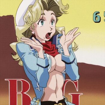 Rule 34 | 1990s (style), 1girl, :o, animated, animated gif, blonde hair, breasts, breasts apart, breasts squeezed together, center opening, cleavage, cowboy bebop, cowboy hat, earrings, female focus, green eyes, hat, heart, heart earrings, jacket, jewelry, judy (cowboy bebop), lips, lipstick, long hair, long sleeves, looking at viewer, looking away, lowres, makeup, medium breasts, navel, neckerchief, no bra, open clothes, open mouth, outstretched arms, red lips, red scarf, retro artstyle, scarf, solo, standing, upper body, wavy hair, white hat