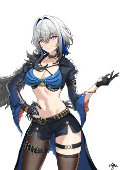 1girl absurdres black_gloves black_jacket black_pantyhose black_shorts black_thighhighs blue_bra blue_hair bra breasts cliyz closed_mouth colored_inner_hair commentary cowboy_shot cropped_jacket galbrena_(wuthering_waves) gloves grey_hair hair_between_eyes hair_intakes hand_on_own_hip hand_up highres jacket large_breasts looking_at_viewer medium_hair multicolored_hair mutation navel pantyhose purple_eyes shorts sidelocks signature simple_background single_leg_pantyhose single_thighhigh solo stomach thigh_strap thighhighs thighs underwear white_background wuthering_waves