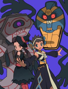 Rule 34 | 2girls, black dress, black headwear, brown gloves, brown hair, closed mouth, cofagrigus, commentary request, detached sleeves, dress, flower, gen 5 pokemon, gen 8 pokemon, gloves, hair flower, hair ornament, hairband, halloween costume, hand up, hat, highres, long hair, multiple girls, nintendo, official alternate costume, open mouth, outstretched arms, pantyhose, phoebe (fall 2023) (pokemon), phoebe (pokemon), pokemon, pokemon (creature), pokemon masters ex, purple background, red eyes, roxanne (fall 2023) (pokemon), roxanne (pokemon), runerigus, short hair, smile, spiked hair, twintails, tyako 089, witch hat