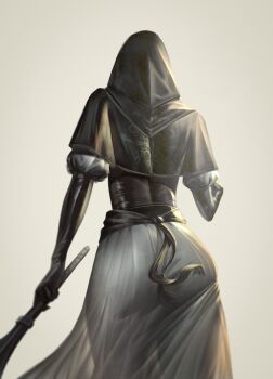 1girl absurdres ass ass_focus black_capelet black_gloves black_hood capelet elbow_gloves elden_ring elden_ring_nightreign from_behind gloves highres holding holding_mace holding_weapon mace nun see-through_silhouette solo standing the_antin undertaker_(elden_ring) weapon