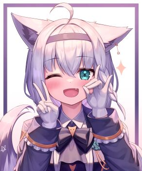 1girl ;d absurdres ahoge animal_ears aqua_eyes black_hairband blush braid commentary_request deaver fang fox_ears fox_girl fox_shadow_puppet fox_tail gloves hair_between_eyes hairband hands_up highres hololive long_sleeves looking_at_viewer one_eye_closed open_mouth shirakami_fubuki shirakami_fubuki_(parade_dress) single_braid smile solo tail upper_body v virtual_youtuber white_gloves white_hair