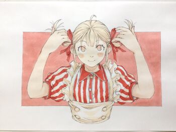 1girl ahoge apron blonde_hair buttons closed_mouth collared_shirt commentary cropped_torso frilled_apron frills hair_ribbon hands_up highres original peter_salt red_eyes red_ribbon red_shirt ribbon shirt short_hair short_twintails smile solo striped_clothes striped_shirt traditional_media twintails upturned_eyes vertical-striped_clothes vertical-striped_shirt yellow_apron