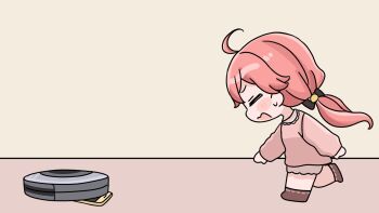 1girl ahoge black_bow blush_stickers bow brown_shorts brown_socks cellphone chibi closed_eyes collared_shirt hair_bow highres hololive indoors long_hair long_sleeves low_twintails mochimiko no_shoes open_mouth phone pink_hair pink_shirt puffy_long_sleeves puffy_sleeves ribbon-trimmed_socks ribbon_trim robotic_vacuum_cleaner running sakura_miko shirt shorts socks solo twintails very_long_hair virtual_youtuber wavy_mouth