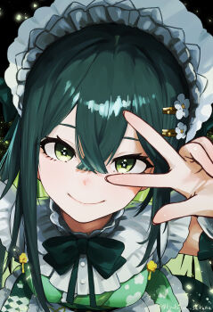 1girl absurdres apron bare_shoulders black_background bonnet breasts closed_mouth collar colored_inner_hair crossed_bangs detached_sleeves floral_print floral_print_kimono flower-shaped_pupils flower_hairpin frilled_bonnet frilled_collar frilled_skirt frills from_above green_eyes green_hair green_kimono green_ribbon green_tail hair_ornament hair_ribbon hairclip highres japanese_clothes kimono kimono_skirt kyokugen_sakana light_particles lizard_tail long_hair long_sleeves looking_at_viewer maid_apron multicolored_hair neck_ribbon nijisanji print_kimono ribbon skirt small_breasts smile solo standing symbol-shaped_pupils tail tail_under_clothes togawa_nonoha twitter_username upper_body v v_over_eye virtual_youtuber waist_apron white_bonnet white_sleeves