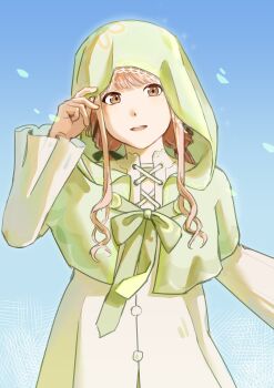 1girl absurdres black_bow black_ribbon blue_sky blunt_bangs bow bowtie brown_eyes buttons chinese_commentary cloak commentary_request cowboy_shot cross-laced_clothes cross-laced_dress day dot_nose dress floral_print green_bow green_bowtie green_cloak hair_bow hair_ribbon hand_on_headwear happy highres hood hood_up hooded_cloak infinity_nikki lace-trimmed_hood light_particles long_hair long_sidelocks long_sleeves low_twintails luoyusha80129 nikki_(nikki) nikki_(series) open_mouth outdoors petals pink_hair pleated_dress pleated_sleeves print_cloak ribbon sidelocks sky smile solo teeth tress_ribbon twintails upper_teeth_only wavy_hair white_dress wind