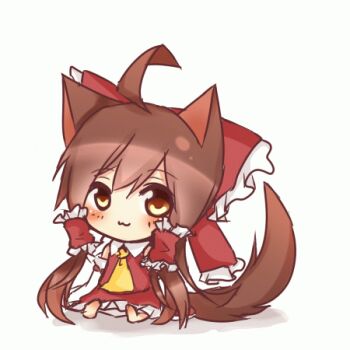 1girl :3 animal_ears animated animated_gif blush bow brown_eyes brown_hair chibi detached_sleeves female_focus hair_bow hair_tubes hakurei_reimu japanese_clothes kemonomimi_mode lowres miko sitting solo tail tosura-ayato touhou white_background