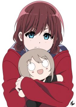 1girl absurdres animebrit brown_hair character_doll closed_mouth commentary doll girls_band_cry hashtag-only_commentary highres hugging_object iseri_nina jacket kawaragi_momoka long_sleeves low_twintails red_jacket short_hair short_twintails simple_background solo twintails upper_body white_background