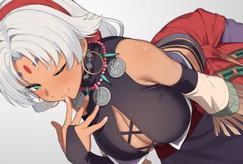 Rule 34 | 1girl, bindi, breasts, clothing cutout, commentary request, cross-laced clothes, cross-laced cutout, cross-laced top, curtained hair, dark-skinned female, dark skin, earrings, eiyuu densetsu, facial mark, forehead jewel, forehead mark, highres, hoop earrings, jewelry, naughty face, navel piercing, one eye closed, oregano (olgn eao), piercing, sarong, scherazard harvey, simple background, sora no kiseki, white hair