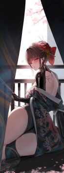 Rule 34 | 1girl, absurdres, ass, back, back tattoo, bare shoulders, black hair, blunt bangs, blush, bodystocking, breasts, brown hair, clothing cutout, commentary, curtains, goddess of victory: nikke, hair intakes, hair ornament, hana hebi, highres, japanese clothes, kimono, large breasts, long hair, long sleeves, looking at viewer, official alternate costume, panties, pink eyes, revision, sakura (midnight stealth) (nikke), sakura (nikke), solo, tattoo, thighs, underwear