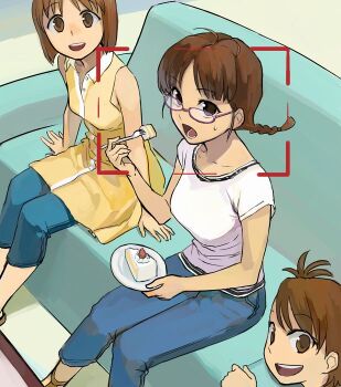 3girls akizuki_ritsuko antenna_hair b_suke blue_pants breasts brown_eyes brown_hair cake commentary_request couch dress eating food fork futami_mami glasses hagiwara_yukiho holding holding_fork holding_plate idolmaster idolmaster_(classic) looking_at_viewer medium_breasts multiple_girls one_side_up open_mouth pants pants_under_dress plate shirt small_breasts sweatdrop t-shirt yellow_dress