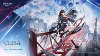 1girl arm_cutout black_hair black_serafuku black_shirt black_shoes black_skirt black_socks blue_sky character_name chisa_(wuthering_waves) city clothing_cutout commentary day english_commentary english_text full_body hair_ribbon high_up highres holding holding_sword holding_weapon logo long_hair long_sleeves neckerchief official_art outdoors red_eyes red_neckerchief red_ribbon ribbon sailor_collar school_uniform serafuku shirt shoes skirt sky socks solo sword tacet_mark_(wuthering_waves) weapon white_sailor_collar wuthering_waves