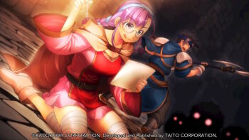 Rule 34 | 1boy, 1girl, albert corraine, armor, atelier-moo, bandaged leg, bandages, belt, black hair, black pants, blue headband, blue shirt, boots, braid, breasts, brown belt, brown eyes, cheryl christia, cleavage, closed mouth, collarbone, company name, copyright notice, dress, dungeon, fingerless gloves, game cg, glasses, gloves, glowing, glowing eyes, grey eyes, hairband, headband, holding, holding paper, holding pen, holding polearm, holding weapon, large breasts, licking lips, long hair, long sleeves, looking back, low twin braids, monster, non-web source, open mouth, pants, paper, pen, pink boots, pink dress, polearm, purple hair, red tabard, shirt, short hair, sitting, smile, spear, spiked hair, standing, stone floor, stone wall, tabard, tongue, tongue out, twin braids, wariza, weapon, wide sleeves, yuukyuu gensoukyoku, yuukyuu gensoukyoku revival