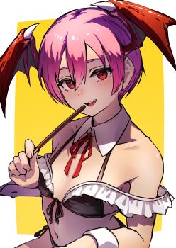 1girl absurdres ap_cammy bare_shoulders bikini black_bikini border collarbone darkstalkers demon_girl demon_wings flat_chest food head_wings highres holding holding_food holding_pocky lilith_(darkstalkers) navel outside_border pocky purple_eyes purple_hair red_wings short_hair simple_background solo swimsuit upper_body white_border wings yellow_background